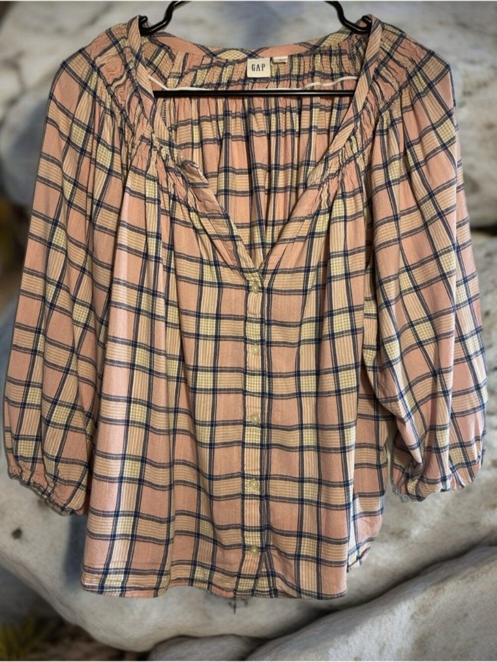GAP Pink Plaid Button-Front Peasant Blouse Size Large
